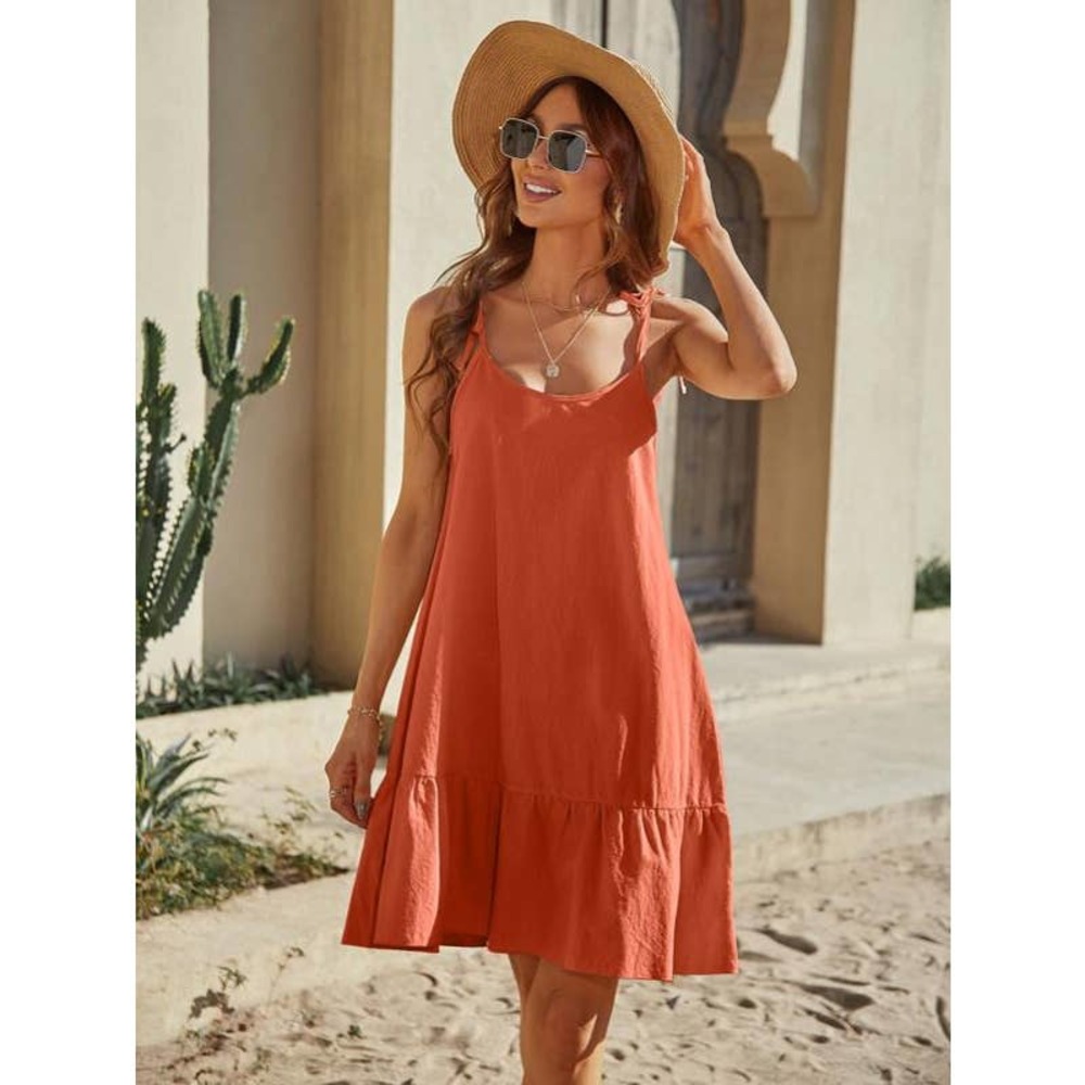 Tie Shoulder Ruffle Hem Cami Dress (Medium)